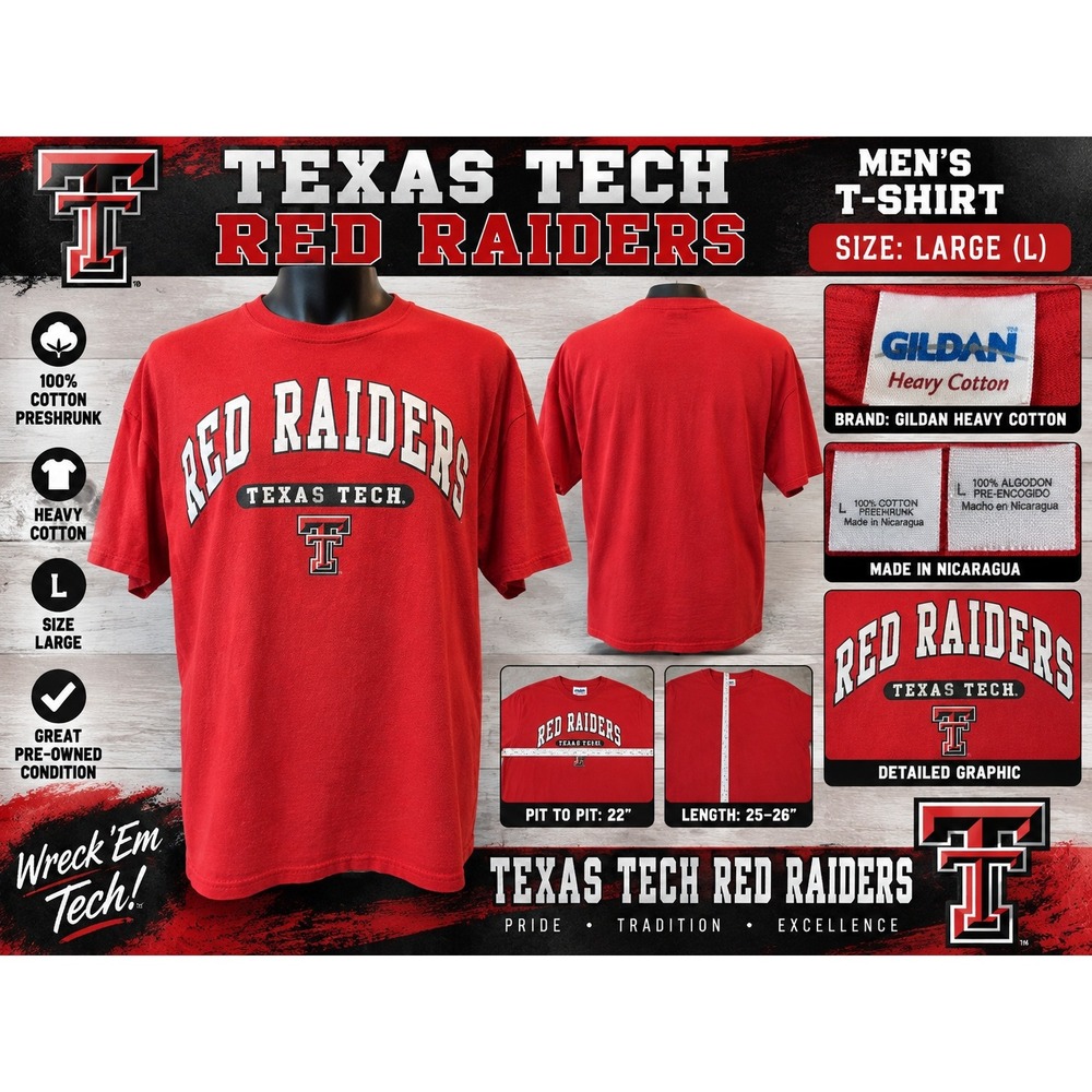 Texas Tech Red Raiders T-Shirt Mens Large Red Gildan Heavy Cotton NCAA Graphic